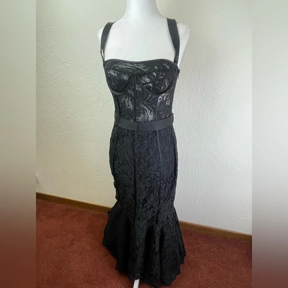 LEO LIN Clover Lace Bustier Ruffle Midi Dress in Black, size 8 Sleeveless - Picture 6 of 16